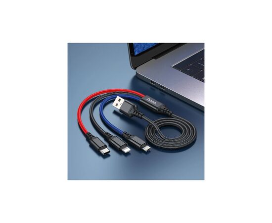 Дата кабель USB 2.0 AM to Lightning + Micro 5P + USB-C 1.0m 2A nylon black+red+blue HOCO (6931474768636), изображение 3 Дата кабель USB 2.0 AM to Lightning + Micro 5P + USB-C 1.0m 2A nylon black+red+blue HOCO (6931474768636), изображение 3