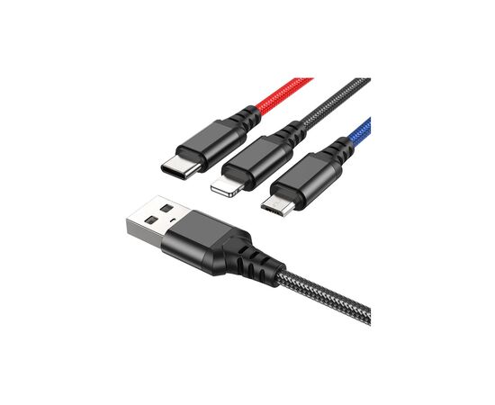 Дата кабель USB 2.0 AM to Lightning + Micro 5P + USB-C 1.0m 2A nylon black+red+blue HOCO (6931474768636)