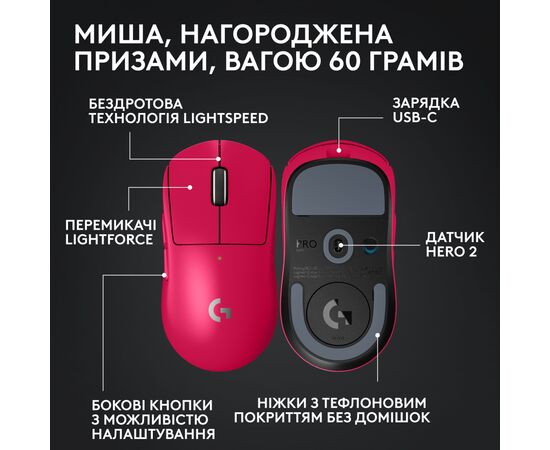 Мишка Logitech G Pro X Superlight 2 Lightspeed Wireless Magenta (910-006797), зображення 6 Мишка Logitech G Pro X Superlight 2 Lightspeed Wireless Magenta (910-006797), зображення 6