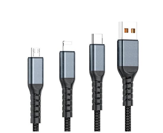 Дата кабель USB 2.0 AM to Lightning + Micro 5P + USB-C 1.2m 100W nylon black XoKo (SC-3100), изображение 2