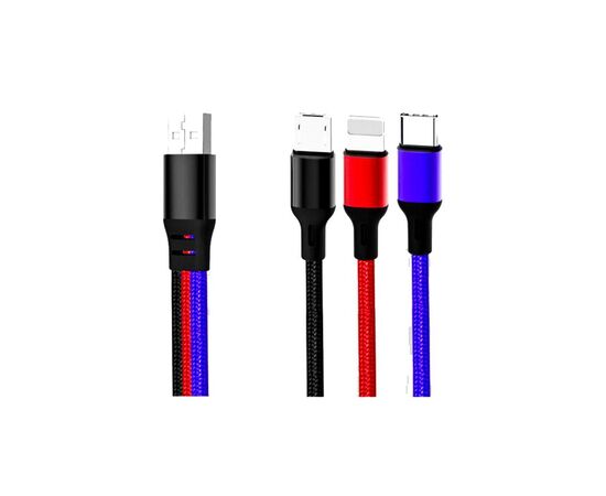 Дата кабель USB 2.0 AM to Lightning + Micro 5P + USB-C 1.2m black red blue XO (XO-NB143-3in1)
