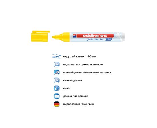 Маркер Edding Glass e-95 1,5-3 мм круглий жовтий (e-95/05), зображення 4 Маркер Edding Glass e-95 1,5-3 мм круглий жовтий (e-95/05), зображення 4