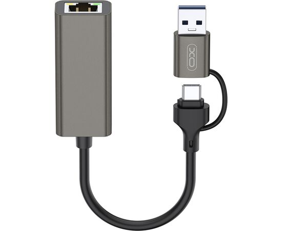 Адаптер USB-C + USB A to RJ45 Ethernet 100Mbps XO (HUB018.black), изображение 3 Адаптер USB-C + USB A to RJ45 Ethernet 100Mbps XO (HUB018.black), изображение 3