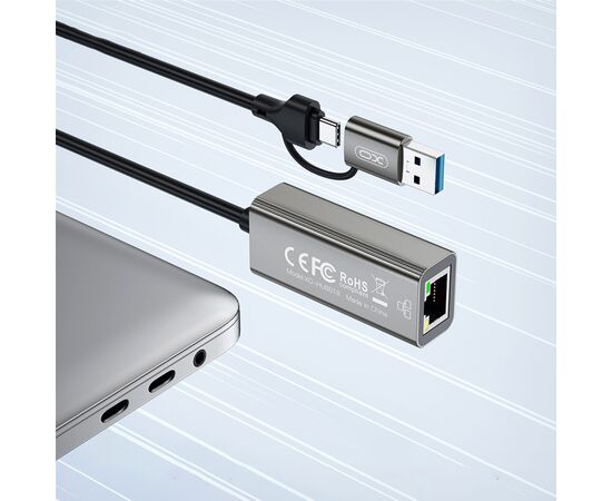 Адаптер USB-C + USB A to RJ45 Ethernet 100Mbps XO (HUB018.black), изображение 4 Адаптер USB-C + USB A to RJ45 Ethernet 100Mbps XO (HUB018.black), изображение 4