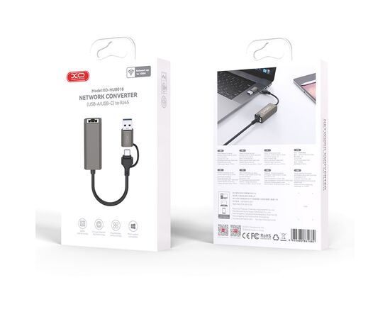 Адаптер USB-C + USB A to RJ45 Ethernet 100Mbps XO (HUB018.black), изображение 6 Адаптер USB-C + USB A to RJ45 Ethernet 100Mbps XO (HUB018.black), изображение 6