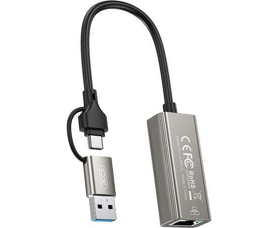 Адаптер USB-C + USB A to RJ45 Ethernet 100Mbps XO (HUB018.black)
