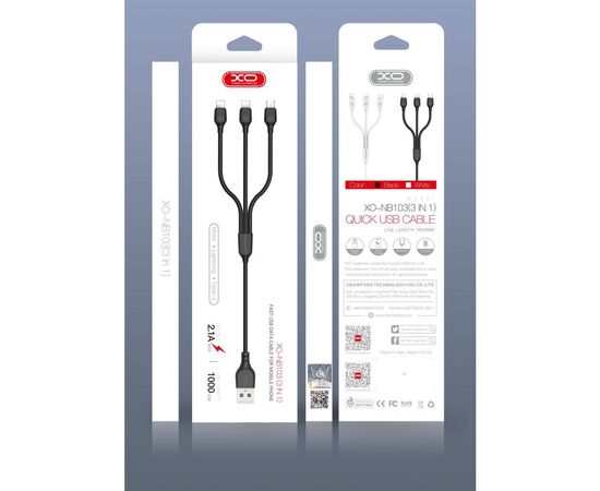 Дата кабель USB 2.0 AM to Lightning + Micro 5P + USB-C 1.0m 2.1A black XO (NB103-3in1-1-BK), изображение 2 Дата кабель USB 2.0 AM to Lightning + Micro 5P + USB-C 1.0m 2.1A black XO (NB103-3in1-1-BK), изображение 2