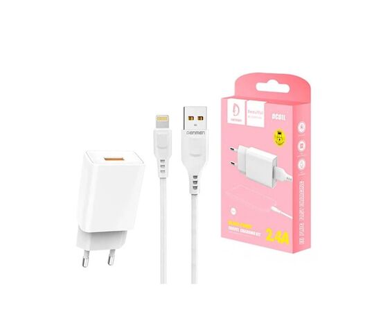 Зарядний пристрій Denmen 1xUSB 2.4A + cable USB to Lightning white (DC01L-WH), зображення 3 Зарядний пристрій Denmen 1xUSB 2.4A + cable USB to Lightning white (DC01L-WH), зображення 3