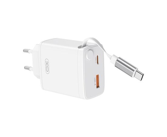 Зарядний пристрій XO 1xUSB-C + 1xUSB QC30W GaN + cable USB-C to USB-C white (XO-CE31), зображення 3 Зарядний пристрій XO 1xUSB-C + 1xUSB QC30W GaN + cable USB-C to USB-C white (XO-CE31), зображення 3