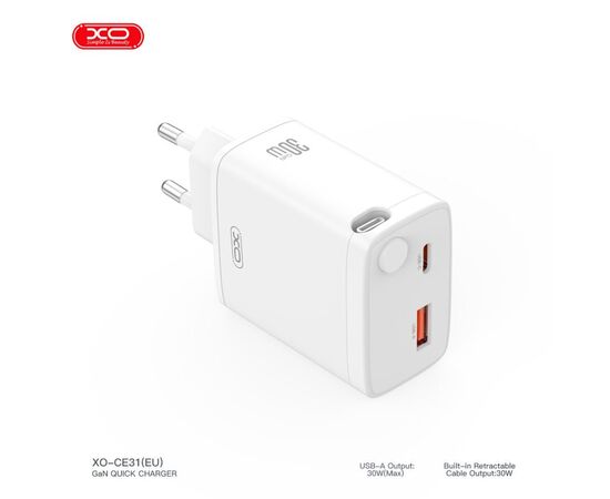 Зарядний пристрій XO 1xUSB-C + 1xUSB QC30W GaN + cable USB-C to USB-C white (XO-CE31), зображення 6 Зарядний пристрій XO 1xUSB-C + 1xUSB QC30W GaN + cable USB-C to USB-C white (XO-CE31), зображення 6