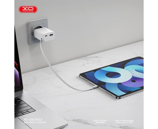 Зарядний пристрій XO 1xUSB-C + 1xUSB QC30W GaN + cable USB-C to USB-C white (XO-CE31), зображення 7 Зарядний пристрій XO 1xUSB-C + 1xUSB QC30W GaN + cable USB-C to USB-C white (XO-CE31), зображення 7