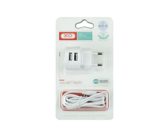 Зарядний пристрій XO 2xUSB 2.4A + cable USB to Micro 5P white (L62-M-WH), зображення 3 Зарядний пристрій XO 2xUSB 2.4A + cable USB to Micro 5P white (L62-M-WH), зображення 3