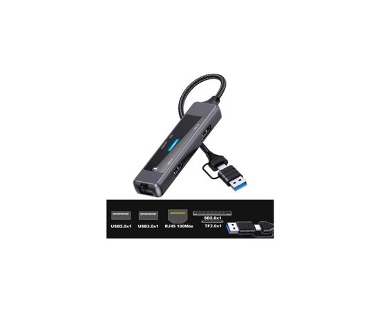 Концентратор XoKo USB-C 5-in-1 USB 3.0 + USB 2.0 + SD/TF + RJ45 100Mbps silver (XK-AC-350), изображение 2 Концентратор XoKo USB-C 5-in-1 USB 3.0 + USB 2.0 + SD/TF + RJ45 100Mbps silver (XK-AC-350), изображение 2