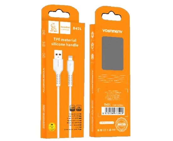 Дата кабель USB 2.0 AM to Lightning 1.0m 2.4A silicone white Denmen (DM-D42L-WH), зображення 2 Дата кабель USB 2.0 AM to Lightning 1.0m 2.4A silicone white Denmen (DM-D42L-WH), зображення 2