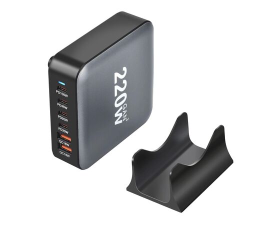 Зарядное устройство XoKo 1xUSB-С PD100W + 1xUSB-С PD45W + 2xUSB-С PD20W + 2xUSB QC18W 220W GaN (QC-220), изображение 2