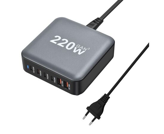 Зарядное устройство XoKo 1xUSB-С PD100W + 1xUSB-С PD45W + 2xUSB-С PD20W + 2xUSB QC18W 220W GaN (QC-220), изображение 3