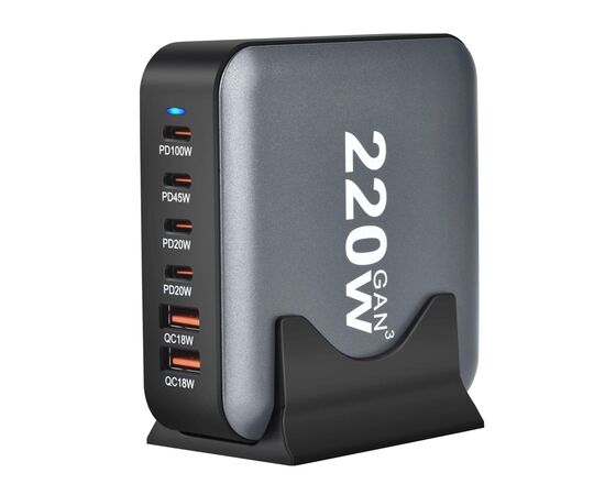 Зарядний пристрій XoKo 1xUSB-С PD100W + 1xUSB-С PD45W + 2xUSB-С PD20W + 2xUSB QC18W 220W GaN (QC-220)