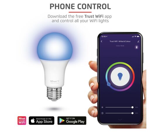 Умная лампочка Trust E27 806 Lumen, 1800-6500k, RGBCW, white (71281_TRUST), изображение 6 Умная лампочка Trust E27 806 Lumen, 1800-6500k, RGBCW, white (71281_TRUST), изображение 6