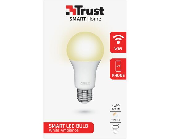 Умная лампочка Trust E27 806 Lumen, 1800-6500k, white (71285_TRUST), изображение 3 Умная лампочка Trust E27 806 Lumen, 1800-6500k, white (71285_TRUST), изображение 3