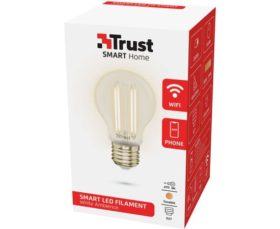 Умная лампочка Trust E27 LED FILAMENT 470 Lumen, 1800-2700k, white (71287_TRUST), изображение 4 Умная лампочка Trust E27 LED FILAMENT 470 Lumen, 1800-2700k, white (71287_TRUST), изображение 4