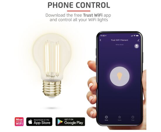 Умная лампочка Trust E27 LED FILAMENT 470 Lumen, 1800-2700k, white (71287_TRUST), изображение 6 Умная лампочка Trust E27 LED FILAMENT 470 Lumen, 1800-2700k, white (71287_TRUST), изображение 6