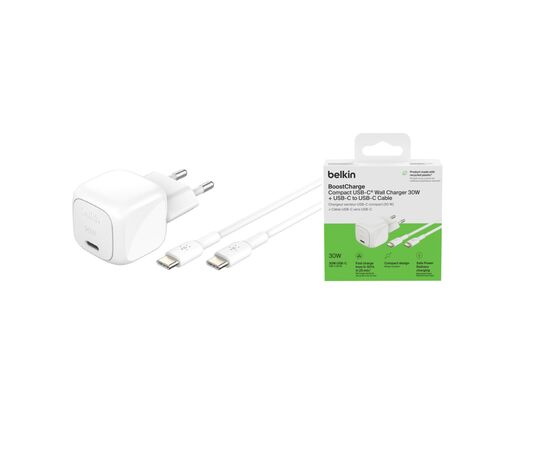 Зарядное устройство Belkin USB-C PD30W PPS + cable USB-C to USB-C 1.0m PVC white (WCA008KQ1MWH-B6), изображение 5 Зарядное устройство Belkin USB-C PD30W PPS + cable USB-C to USB-C 1.0m PVC white (WCA008KQ1MWH-B6), изображение 5