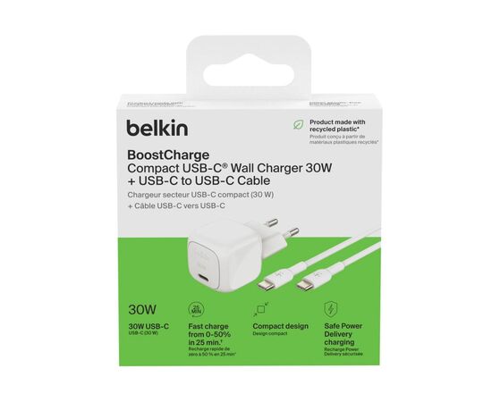 Зарядное устройство Belkin USB-C PD30W PPS + cable USB-C to USB-C 1.0m PVC white (WCA008KQ1MWH-B6), изображение 6 Зарядное устройство Belkin USB-C PD30W PPS + cable USB-C to USB-C 1.0m PVC white (WCA008KQ1MWH-B6), изображение 6