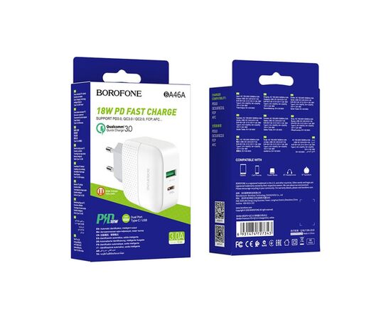 Зарядное устройство BOROFONE BA46A USB-C PD + USB QC3.0 18W white (6931474727343), изображение 2 Зарядное устройство BOROFONE BA46A USB-C PD + USB QC3.0 18W white (6931474727343), изображение 2
