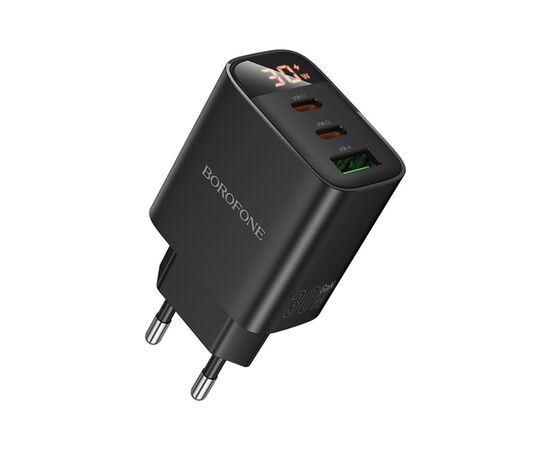 Зарядний пристрій BOROFONE BA98A 2xUSB-C PD30W + 1xUSB 18W digital display black (6941991120510)