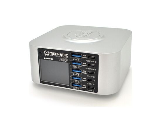 Зарядное устройство MECHANIC 5xUSB-C PD + 5xUSB QC3.0 + Wireless Charging 15W LED indication 150W black (X-Power-150W), изображение 2 Зарядное устройство MECHANIC 5xUSB-C PD + 5xUSB QC3.0 + Wireless Charging 15W LED indication 150W black (X-Power-150W), изображение 2