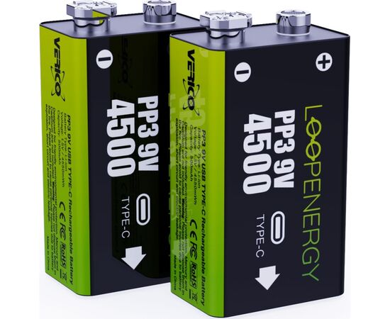 Акумулятор Крона USB-С 500 mAh 9V Li-ion 2шт./уп. (Loop Energy) Verico (1UDBT-A3WEB2-NN)