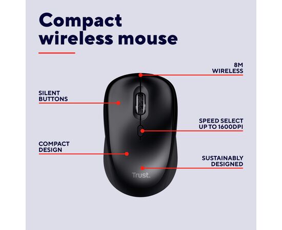 Мышка Trust Yvi+ Silent Wireless/Bluetooth Glossy Black (25512), изображение 7 Мышка Trust Yvi+ Silent Wireless/Bluetooth Glossy Black (25512), изображение 7