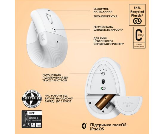 Мышка Logitech Lift for Mac Vertical Ergonomic Mouse Off White (910-006477), изображение 6 Мышка Logitech Lift for Mac Vertical Ergonomic Mouse Off White (910-006477), изображение 6