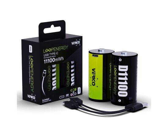 Аккумулятор D/R20 USB Type-С 7400mAh/11100mWh 1.5V Li-ion 2шт./уп. (Loop Energy) Verico (1BTOV-A5N0A2-NN), изображение 3 Аккумулятор D/R20 USB Type-С 7400mAh/11100mWh 1.5V Li-ion 2шт./уп. (Loop Energy) Verico (1BTOV-A5N0A2-NN), изображение 3