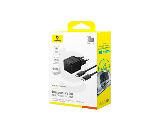 Зарядное устройство Baseus Palm Fast Charger 1C 30W + Cable 1.0m Type-C 60W black (P10111605113-01), изображение 6 Зарядное устройство Baseus Palm Fast Charger 1C 30W + Cable 1.0m Type-C 60W black (P10111605113-01), изображение 6