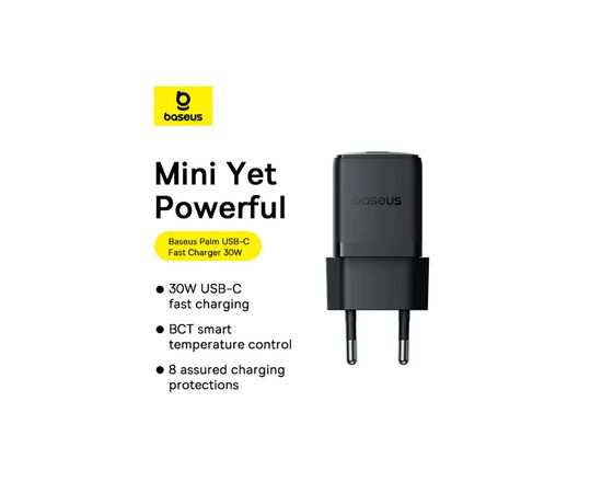 Зарядное устройство Baseus Palm Fast Charger 1C 30W + Cable 1.0m Type-C 60W black (P10111605113-01), изображение 7 Зарядное устройство Baseus Palm Fast Charger 1C 30W + Cable 1.0m Type-C 60W black (P10111605113-01), изображение 7