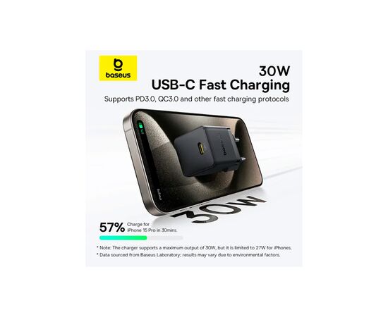 Зарядное устройство Baseus Palm Fast Charger 1C 30W + Cable 1.0m Type-C 60W black (P10111605113-01), изображение 8 Зарядное устройство Baseus Palm Fast Charger 1C 30W + Cable 1.0m Type-C 60W black (P10111605113-01), изображение 8