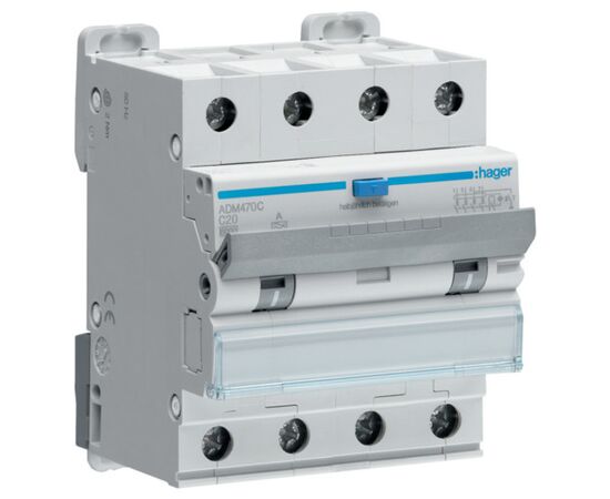 Дифференциальный автоматический выключатель Hager 4-п. 20A C 30mA (6kA) A (B) (ADM470C) Дифференциальный автоматический выключатель Hager 4-п. 20A C 30mA (6kA) A (B) (ADM470C)
