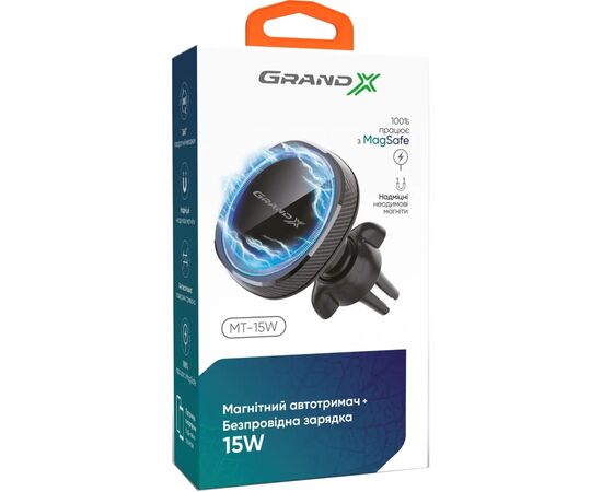 Універсальний автотримач Grand-X MT-15W MagSafe з зарядкою 15W (кріплення на дефлектор) (MT-15W), зображення 4 Універсальний автотримач Grand-X MT-15W MagSafe з зарядкою 15W (кріплення на дефлектор) (MT-15W), зображення 4
