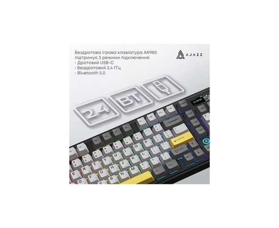Клавіатура Ajazz AK980 Clear Sky Switch RGB Wireless/Bluetooth/USB Black (AK980-CS-BGY), зображення 5 Клавіатура Ajazz AK980 Clear Sky Switch RGB Wireless/Bluetooth/USB Black (AK980-CS-BGY), зображення 5