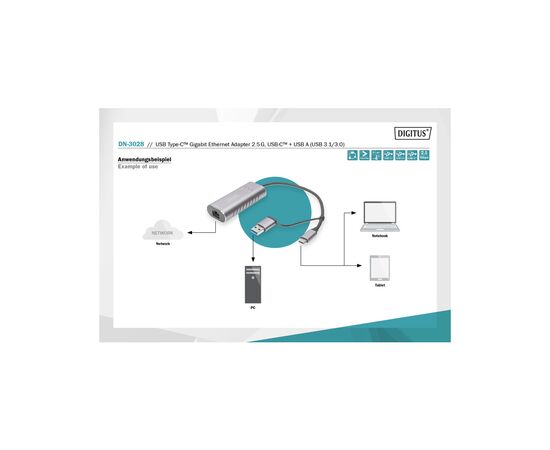 Переходник USB-C + USB 3.0 to RJ45 2500Mbps Ethernet Digitus (DN-3028), изображение 10 Переходник USB-C + USB 3.0 to RJ45 2500Mbps Ethernet Digitus (DN-3028), изображение 10