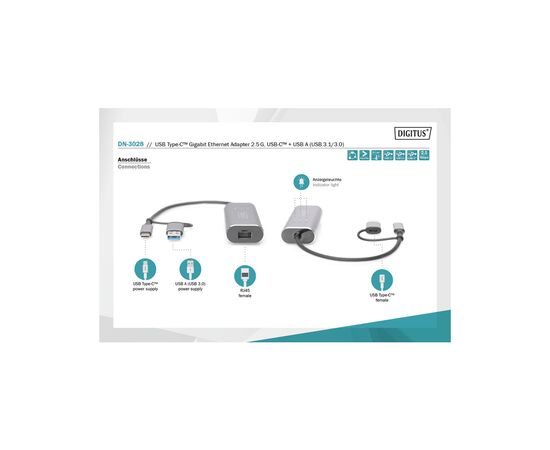 Переходник USB-C + USB 3.0 to RJ45 2500Mbps Ethernet Digitus (DN-3028), изображение 8 Переходник USB-C + USB 3.0 to RJ45 2500Mbps Ethernet Digitus (DN-3028), изображение 8