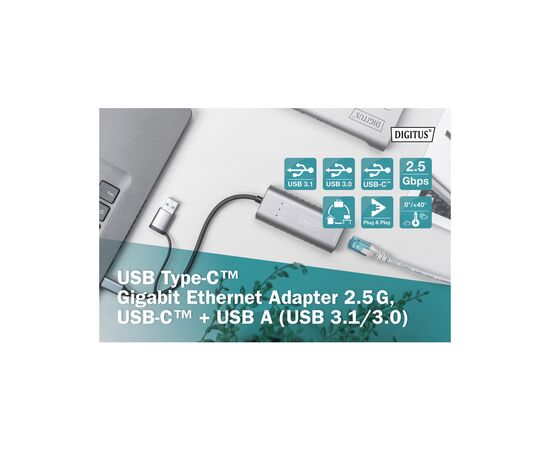 Переходник USB-C + USB 3.0 to RJ45 2500Mbps Ethernet Digitus (DN-3028), изображение 9 Переходник USB-C + USB 3.0 to RJ45 2500Mbps Ethernet Digitus (DN-3028), изображение 9