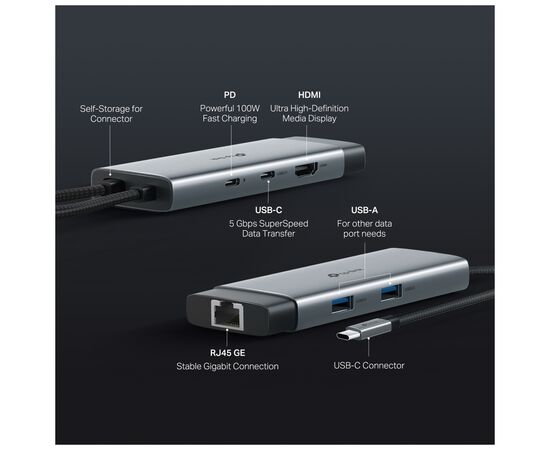 Концентратор TP-Link USB 3.0 6-in-1 2xUSB 3.0 + 1xUSB-C + 1xHDMI + 1xRJ45 + PD 100W (UH6120C), изображение 2 Концентратор TP-Link USB 3.0 6-in-1 2xUSB 3.0 + 1xUSB-C + 1xHDMI + 1xRJ45 + PD 100W (UH6120C), изображение 2