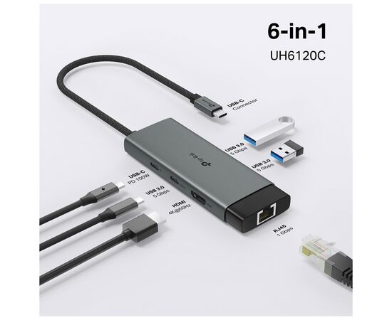 Концентратор TP-Link USB 3.0 6-in-1 2xUSB 3.0 + 1xUSB-C + 1xHDMI + 1xRJ45 + PD 100W (UH6120C), изображение 6 Концентратор TP-Link USB 3.0 6-in-1 2xUSB 3.0 + 1xUSB-C + 1xHDMI + 1xRJ45 + PD 100W (UH6120C), изображение 6
