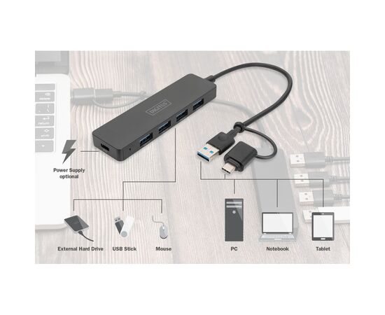Концентратор Digitus USB-C + USB-A to 4xUSB-A 0.2m black (DA-70235), изображение 4 Концентратор Digitus USB-C + USB-A to 4xUSB-A 0.2m black (DA-70235), изображение 4
