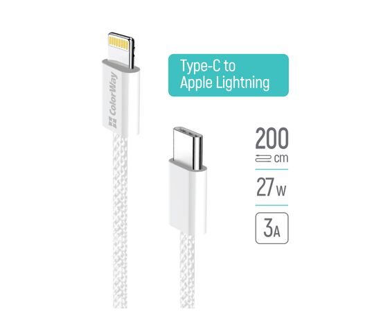 Дата кабель USB-C to Lightning 2.0m PD 27W braided gray ColorWay (CW-CBPDCL068-GR)
