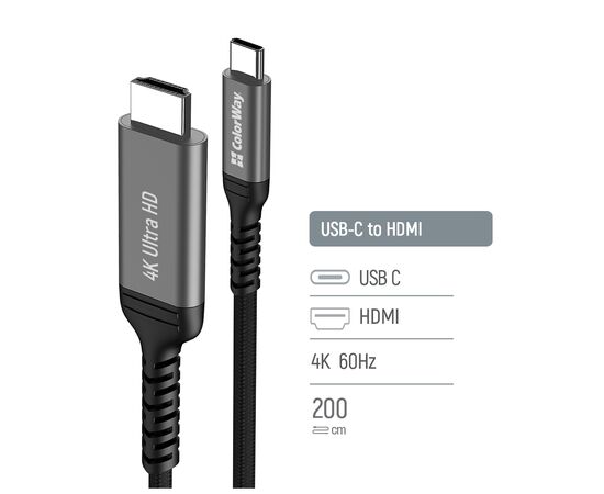 Кабель мультимедийный USB-C to HDMI M 2.0m 4K60Hz black ColorWay (CW-CBCHD077-BK), изображение 5 Кабель мультимедийный USB-C to HDMI M 2.0m 4K60Hz black ColorWay (CW-CBCHD077-BK), изображение 5