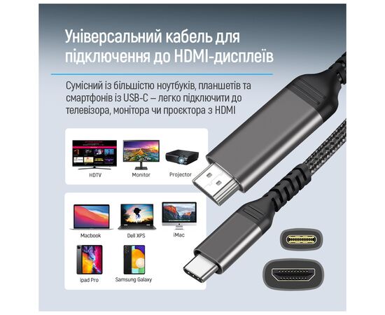 Кабель мультимедийный USB-C to HDMI M 2.0m 4K60Hz black ColorWay (CW-CBCHD077-BK), изображение 8 Кабель мультимедийный USB-C to HDMI M 2.0m 4K60Hz black ColorWay (CW-CBCHD077-BK), изображение 8