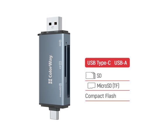 Считыватель флеш-карт ColorWay USB 2.0/USB-C to CF/SD/MicroSD (CW-CR-01), изображение 4 Считыватель флеш-карт ColorWay USB 2.0/USB-C to CF/SD/MicroSD (CW-CR-01), изображение 4